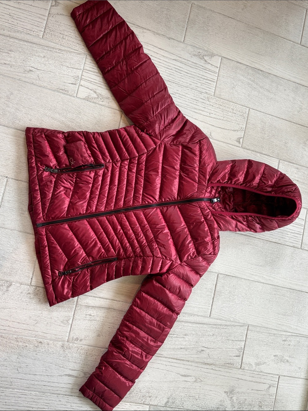 Calvin Klein Red Hooded Quilted Packable Jacket